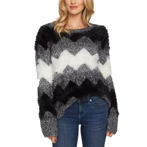 NWT Womens Size XS Cece by Cynthia Steffe Zigzag-Striped Mixed-Media Sweater - Picture 1 of 2